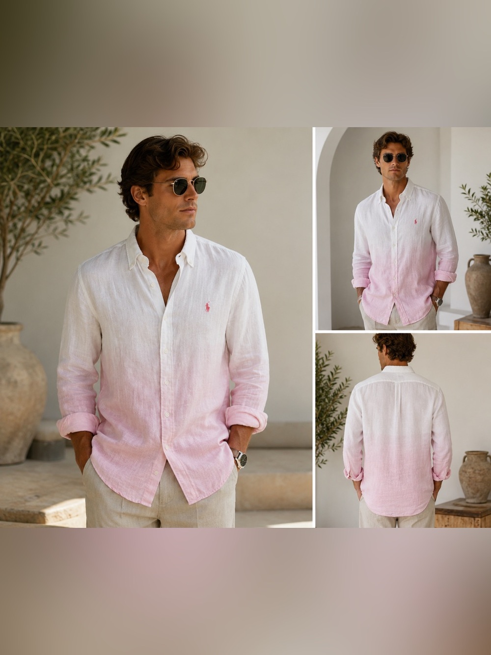Ralph Lauren 100% Linen Pink Ombre Button Down Shirt XL Coastal Preppy Beachcore